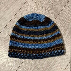 Striped Crochet Beanie in Blue and Brown